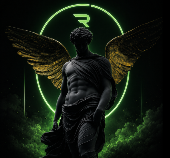 A dark, winged angelic statue stands before a glowing green "R" logo against a backdrop of green smoke, symbolizing Reya's emergence as a resilient force amid market turbulence. The imagery of a powerful, rising figure mirrors the post's message of Reya moving in the opposite direction operationally—upgrading its platform deprecating AMM markets—while broader crypto markets faced liquidation.