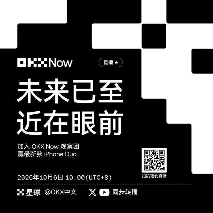 Promotional graphic for OKX Now livestream event titled '未来已至 近在眼前' (The future is here, right before your eyes), scheduled for October 6, 2026 at 10:00 (UTC+8), offering an iPhone Duo giveaway with QR code for registration.