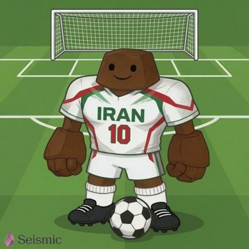 The image features a cartoon character, likely a soccer player or athlete, standing next to a soccer ball on a field. The character appears to be wearing an Iran jersey with the number 10. The background of the image shows a soccer field with goal posts in the distance and a net at one end. The post also includes text that reads "Gmic fam In a season where the whole world is hyped for the biggest competition, the @SeismicSys community from all nationalities is riding this wave together #SeismicSys".