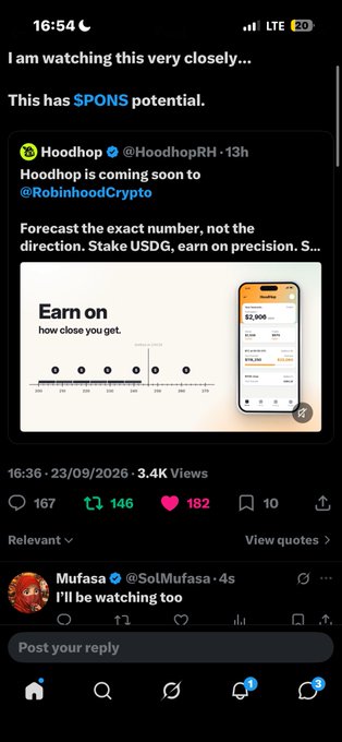 A screenshot of a Twitter/X post by Hoodhop (@HoodhopRH) stating 'Hoodhop is coming soon to @RobinhoodCrypto' with an image about 'Earn on how close you get' and a forecast chart.