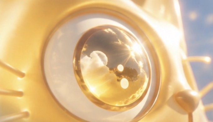 A 3D-rendered, close-up view shows a glossy golden eye-like sphere reflecting clouds and sunlight against a blue sky.