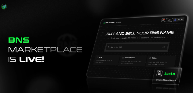 A promotional graphic announcing that the "BNS MARKETPLACE IS LIVE!" featuring a dark-themed interface mockup with the tagline "BUY AND SELL YOUR BNS NAME."