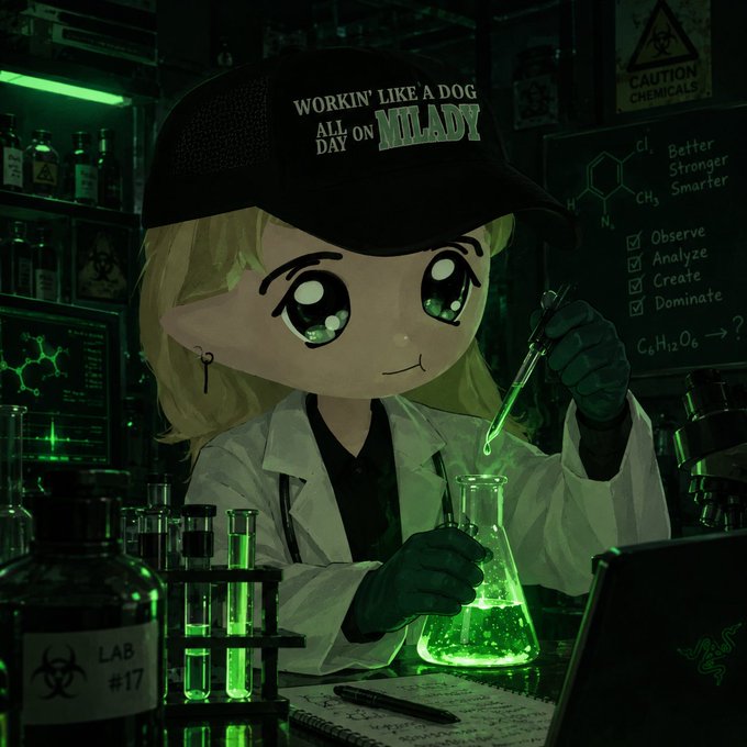 An anime-style character with blonde hair and large green eyes works in a dimly lit chemistry lab, wearing a black cap reading "WORKIN' LIKE A DOG ALL DAY ON MILADY," a white lab coat, and green gloves while holding a glowing green pipette over an Erlenmeyer flask. The lab features "CAUTION CHEMICALS" signs, a test tube rack, and bottles labeled "LAB #17," visually reinforcing the urgency of the "$ZAN" token launch by portraying the crypto team as frantically concocting their new project just before drop time.