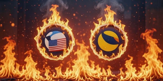 The image shows two circular badges—one featuring the American flag and the other a yellow crescent symbol—both engulfed in flames against a fiery background, with embers floating in the air. This visual ties directly to the post's message of symbolically burning the Terra Classic ecosystem tokens $USTC and $LUNC to the ground, using fire imagery to represent the community's frustration and desire to destroy these controversial crypto assets.