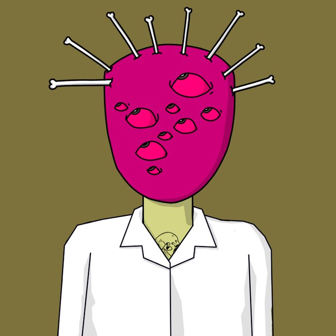 An illustration depicts a figure in a white lab coat with a pink, pitted, pincushion-like head with bones sticking out of it.