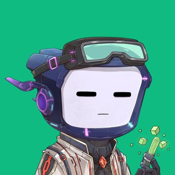 An anime-style illustration of a character wearing a futuristic purple and white space helmet with goggles, set against a solid green background.
