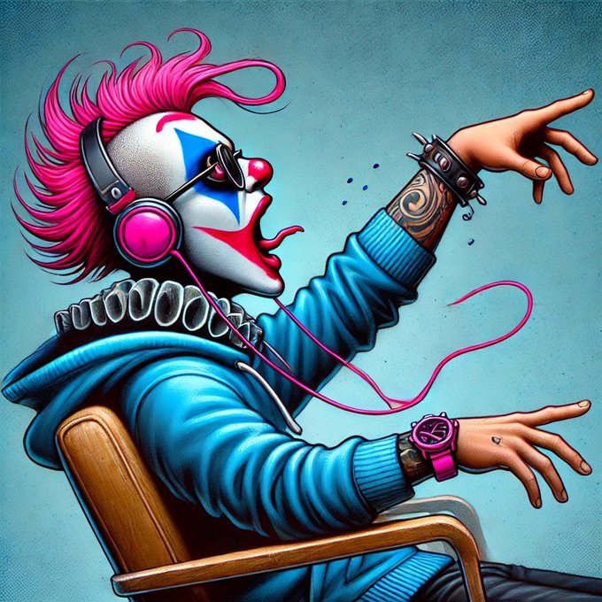A vibrant digital illustration of a clown-like figure with pink mohawk hair, wearing headphones, a blue hoodie, and a spiked wristband, reaching out while sitting in a chair against a textured blue background.