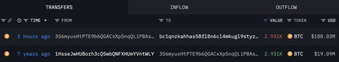 A cryptocurrency transfer tracking table showing transactions with columns for TIME, FROM, TO, VALUE, TOKEN, and USD, displaying Bitcoin (BTC) transfers of 2.931K BTC worth $188.03M from 3 hours ago and $19.09M from 7 years ago.