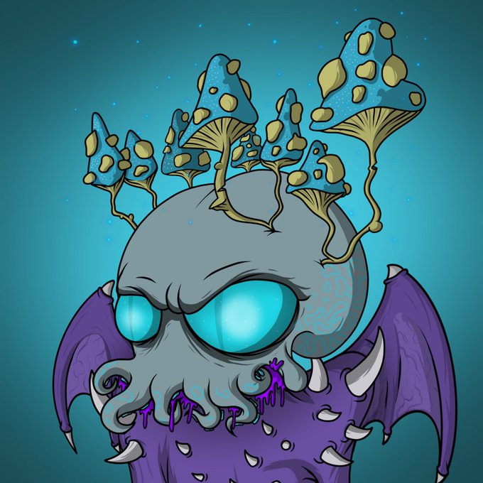 A digital illustration of a gray octopus-like creature with glowing cyan eyes, purple wings, and blue mushrooms growing from its head against a starry teal background.