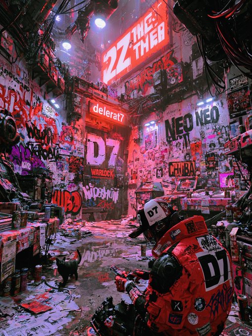 A neon-lit cyberpunk alleyway with graffiti-covered walls displays signs reading '2Z THIEF', 'delerat7', 'D7 WARLOCK', 'NEO', and 'KRUBA', while a figure in red armor marked 'D7' sits among spray cans beside a small black cat.