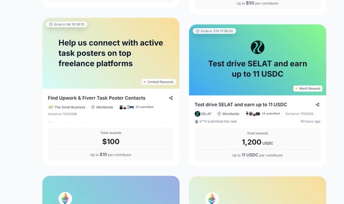 The image shows a task marketplace interface with two active bounties: one offering up to $100 to find Upwork/Fiverr task poster contacts (ending in 6 days, with 20 submitted), and another offering up to 1,200 USDC for testing SELAT (ending in 27 hours, with 34 submitted). This aligns with the caption describing JoinPond as an AI agent platform where users can create and complete tasks for rewards.