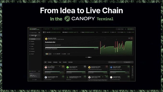 A promotional screenshot for "CANOPY Terminal" with the headline "From Idea to Live Chain," showing a dark-themed crypto trading interface.