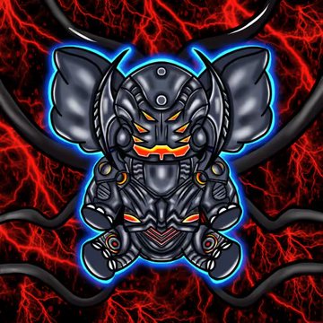 A digital artwork of a chibi-style robotic figure with bat-like ears and glowing eyes, set against a red and black cracked background with dark tendrils.