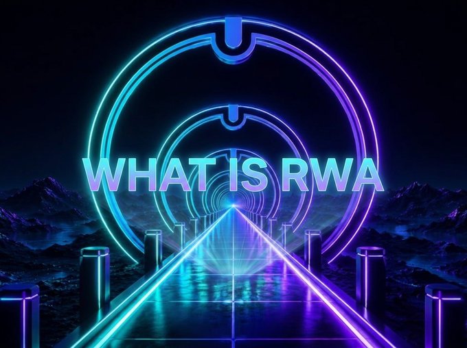 A retro-futuristic neon image with the text 'WHAT IS RWA' overlaid on glowing blue and purple circular arches and a perspective road leading into the distance.