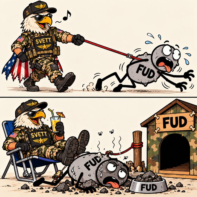 A two-panel cartoon depicting a bald eagle character wearing a 'SVETT' vest and military gear. In the top panel, the eagle walks a scared gray blob labeled 'FUD' on a leash; in the bottom panel, the eagle relaxes in a chair with a drink while the 'FUD' blob is tied to a post near a doghouse labeled 'FUD'.