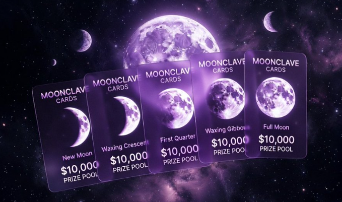 Five purple "MOONCLAVE CARDS" displaying the lunar cycle stages—New Moon, Waxing Crescent, First Quarter, Waxing Gibbous, and Full Moon—are fanned out against a starry cosmic backdrop, each card highlighting a $10,000 prize pool that ties into the $MCV prediction market's claim that involvement is meant to "summon" believers through a mythological journey from New Moon to Full Moon.