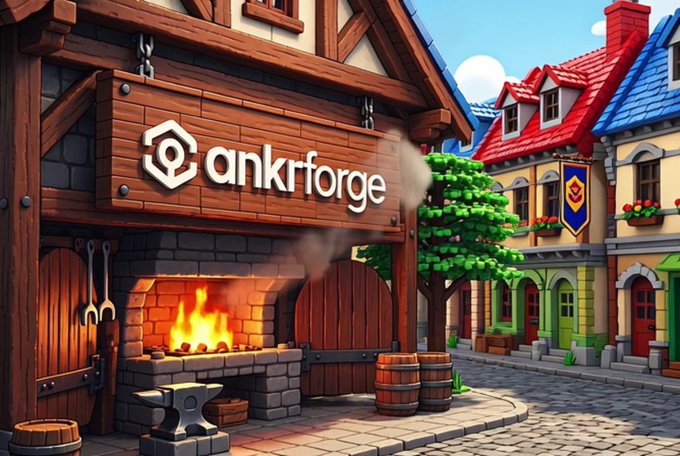 A stylized medieval blacksmith's forge features the "ankrforge" logo above a roaring fire and anvil, visually representing Ankr's "Forge" points rewards program. The blacksmithing imagery cleverly ties into the post's theme of accumulating Forge points by holding $ANKR in self-custody for upcoming Forge Drops tied to real RPC infrastructure revenue.