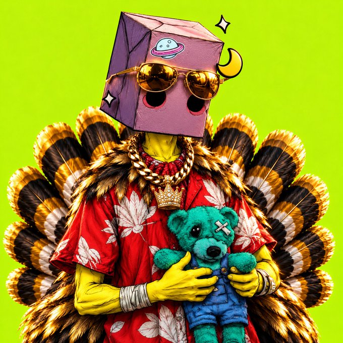 Surreal illustration of a yellow-skinned figure wearing a paper bag with eyes, gold sunglasses, and a gold crown, dressed in a red Hawaiian shirt and fur coat while holding a teal teddy bear with an X over one eye.