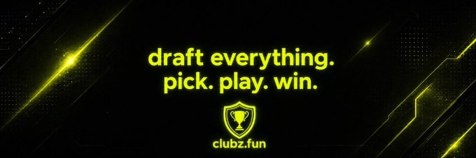 Promotional banner for clubz.fun featuring the text 'draft everything. pick. play. win.' alongside a trophy logo on a dark background with neon yellow accents.