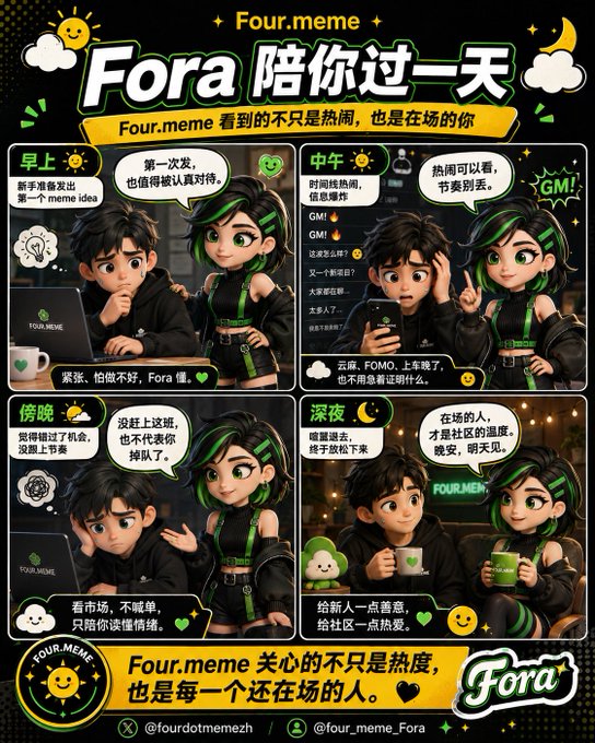 The image features a poster for a meme called "Four-meme" with various cartoon characters, including a girl and boy. The poster also includes text written in Chinese that translates to "Fora", which means "four meme". The poster is designed to be shared on social media platforms like Memes.