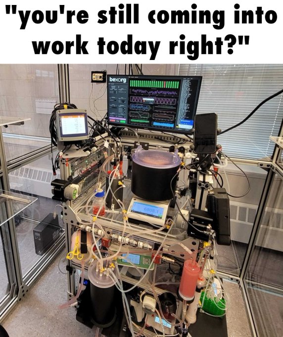 A humorous image shows a complex laboratory contraption made of stacked equipment, tubes, and a monitor displaying "bexorg," captioned "you're still coming into work today right?"