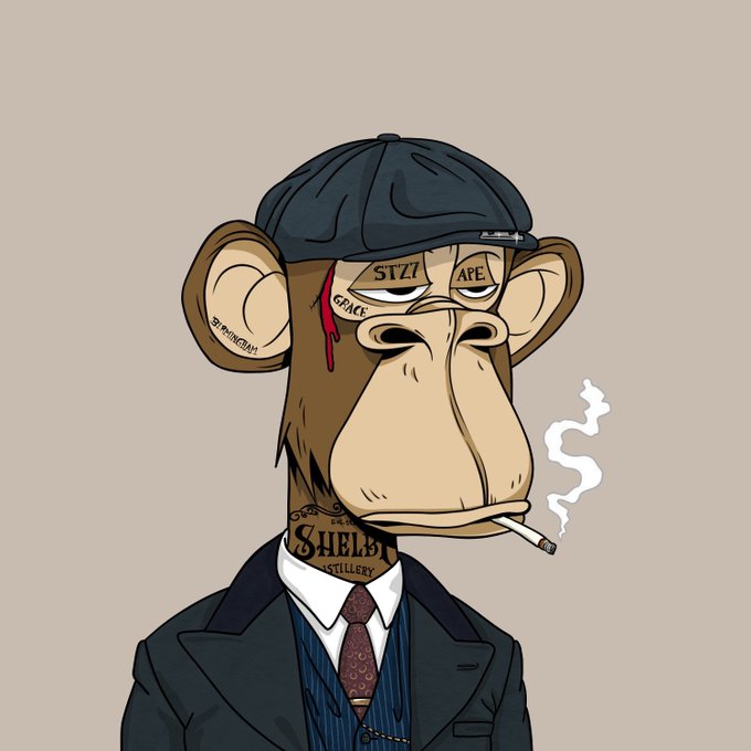 An illustration of a Bored Ape-style character wearing a suit and newsboy cap, smoking a cigarette, with tattoos including 'BAYC', 'STZ1', 'APE', 'GMGS', '39 PRINCIPLES', and 'SHELBY DISTILLERY'.