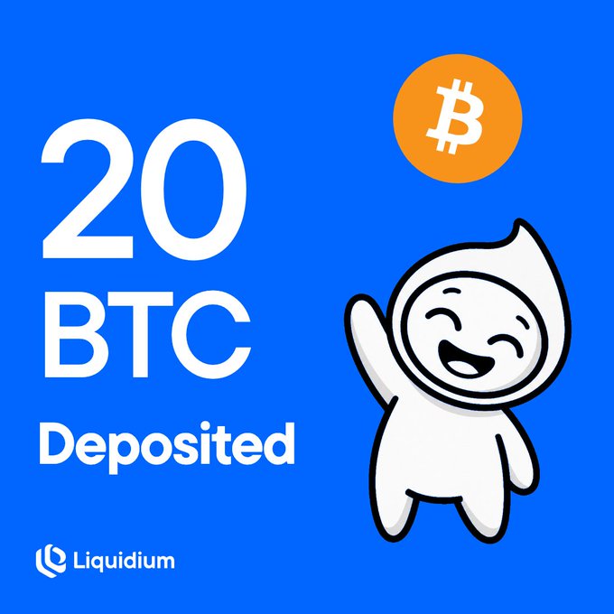 A blue promotional image showing '20 BTC Deposited' alongside a Bitcoin logo and a cheerful cartoon character wearing a hoodie, sponsored by Liquidium.
