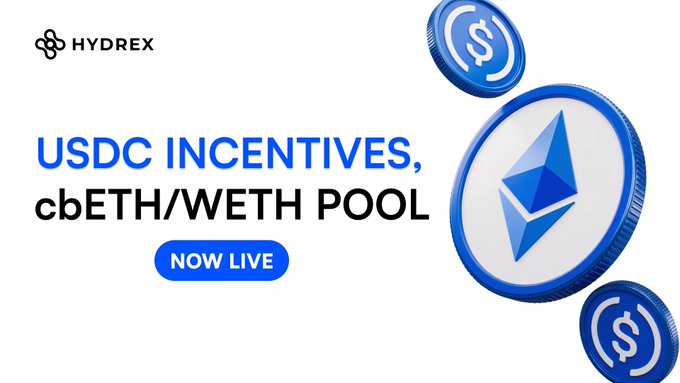 A promotional banner from Hydrex announcing USDC INCENTIVES for the cbETH/WETH POOL, marked as NOW LIVE, featuring blue and silver Ethereum and USDC coin graphics.