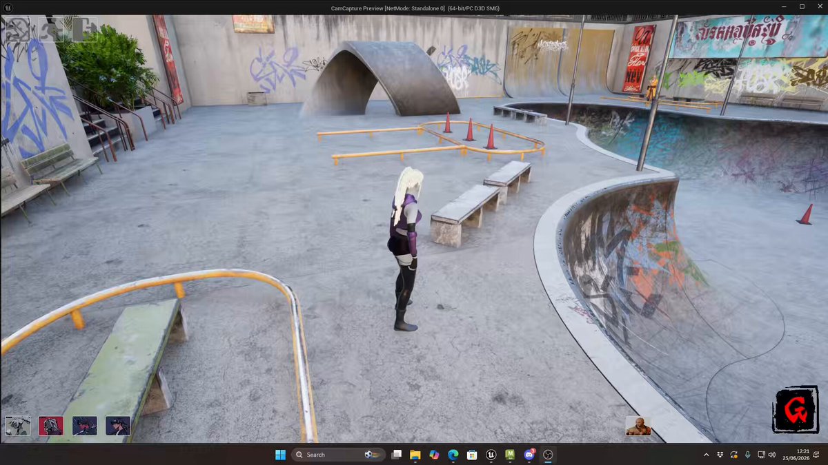 The image shows a skate park scene, where a person wearing black pants stands near a bench with graffiti on it. The skateboarder appears to be looking at something or someone off-camera. In the background, there are several benches scattered around the area, and a skateboard ramp can also be seen.