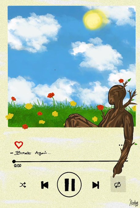 An illustration styled as a music player interface featuring Groot from Guardians of the Galaxy sitting in a field of flowers, with the song title '-Breath Again...' and playback controls.