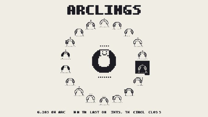 A retro pixel-art promotional graphic for "ARCLINGS" features a central figure surrounded by a circular ring of small hooded characters, with text below announcing "6,283 ON ARC" and "NN TH LAST ON THTS, TH CIRCL CLOS5," referencing an upcoming Arc mainnet launch and limited NFT mint spots.