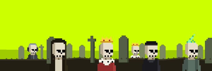 A pixel art scene of a graveyard with several skeleton figures, including one wearing a red robe and crown, emerging from the ground against a bright green sky.