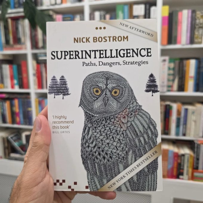 A hand holding the book 'Superintelligence: Paths, Dangers, Strategies' by Nick Bostrom, featuring an illustrated owl on the cover, with a 'New Afterword' banner and a Bill Gates endorsement quote.