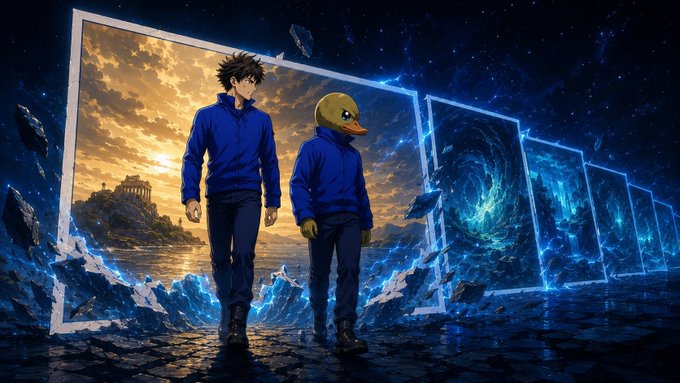 An anime-style illustration of two characters wearing matching blue tracksuits—one human and one in a yellow duck mask—walking through a cosmic, portal-like landscape.