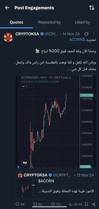 A screenshot of X (Twitter) post engagements showing a quote of @CRYPTOKSA's tweet from 14 Nov 24 about the ACORN token reaching a 200% increase, featuring a price chart of ACORN/USD-RAY showing an 8.85% gain, with 58 reposts, 62 quotes, 110 likes, and 32.4K views visible at the bottom.