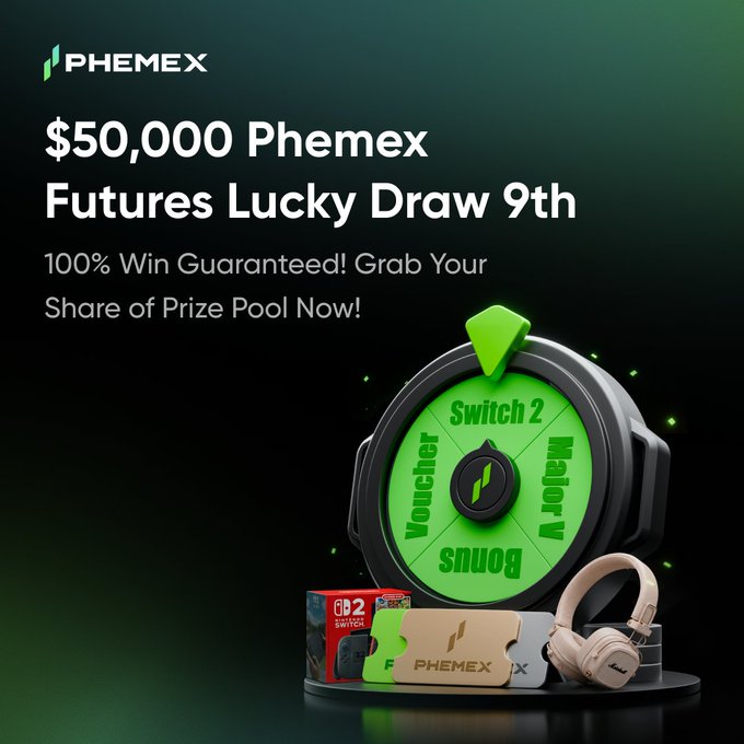 A promotional graphic for the "$50,000 Phemex Futures Lucky Draw 9th" features a green spin wheel displaying prizes like "Switch 2," "Marshall Major V," "Voucher," and "Bonus," accompanied by a Nintendo Switch 2 box, Phemex USDT voucher, and Marshall headphones. The tagline "100% Win Guaranteed! Grab Your Share of Prize Pool Now!" reinforces the event's guarantee of prizes for all participants.