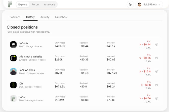 The image shows a "Closed positions" trading history page on a crypto/DeFi platform, displaying five fully exited trades all showing realized losses: Podium ($SPODU) at $409.9k entry with -$0.44 PnL (-0.9%), "this is not a website" ($wewsite) at $260k entry with -$0.35 PnL (-0.9%), Fonz on Pons ($PONZ) at $676k entry with -$15.8 PnL (-4.8%), r0b ($r0b) at $671.6k entry with -$0.8 PnL (-0.8%), and Pons ($PONS) at $1.32M entry with -$0.66 PnL (-0.9%).

The post references finding an old wallet showing a purchase of "robinhood" at 1.33M market cap, which directly corresponds