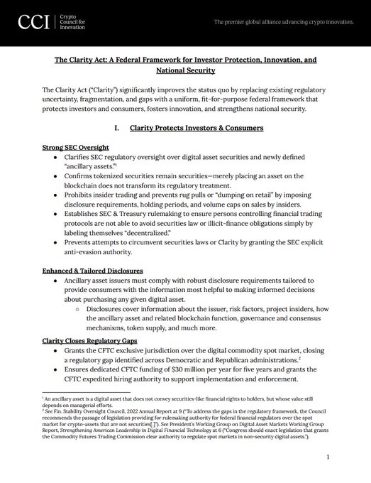 A Crypto Council for Innovation (CCI) document titled 'The Clarity Act: A Federal Framework for Investor Protection, Innovation, and National Security,' outlining SEC oversight, disclosure requirements, and CFTC jurisdiction.