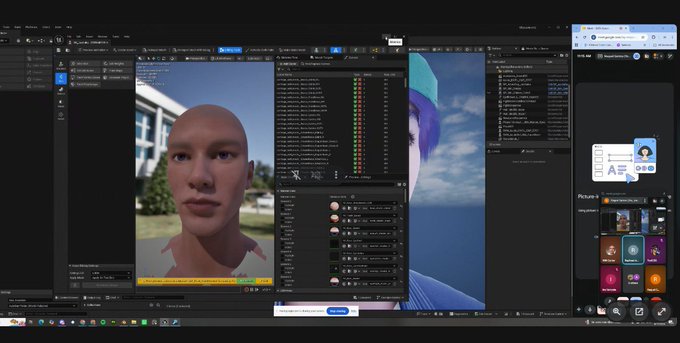 A computer screen displaying 3D modeling software with character face models, alongside a mobile device interface.