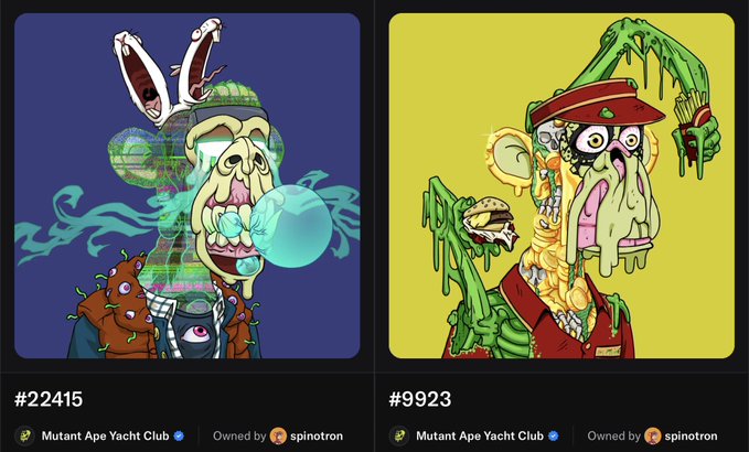 Two Mutant Ape Yacht Club NFTs (#22415 and #9923) are displayed, featuring cartoon ape characters with surreal and grotesque traits, both owned by 'spinotron'.