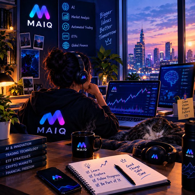 A person wearing a 'MAIQ' hoodie and headphones works at a desk with multiple screens displaying trading charts, books, a cat, and 'MAIQ' branded merchandise, with 'AI, Market Analysis, Automated Trading' listed.