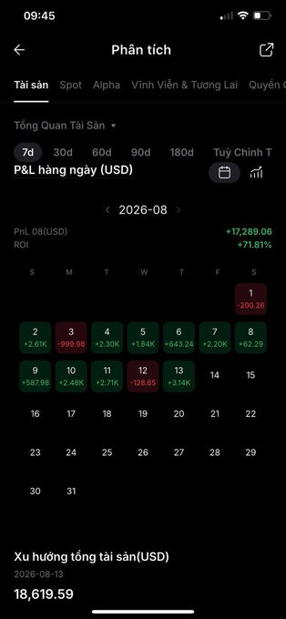 A mobile app interface in Vietnamese showing investment analysis ('Phân tích') with P&L calendar for August 2026, displaying profit figures like '+17,289.06' and '+71.81%'.