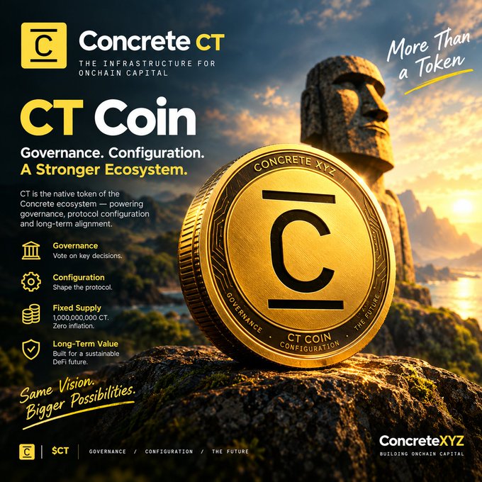 A promotional graphic for 'Concrete CT' featuring a golden CT Coin token in front of a Moai statue, with text highlighting its role as the native token for governance, configuration, and a fixed supply of 1,000,000,000 CT.