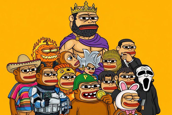 An illustration of various 'Doginal Dogs' NFT characters in different costumes, including a king, ghost, superhero, and bunny, set against an orange background.