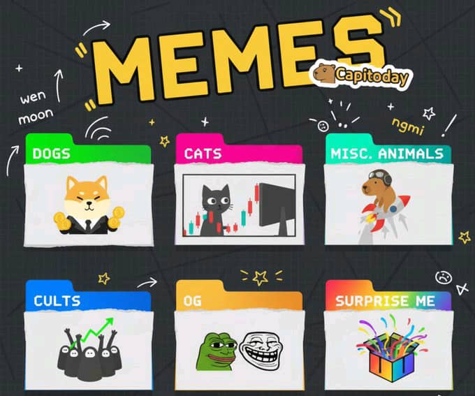 Meme selection menu titled 'MEMES' by Capitoday, featuring six colorful folder tabs labeled DOGS, CATS, MISC. ANIMALS, CULTS, OG, and SURPRISE ME, each with a representative meme image.