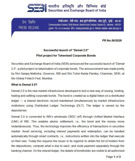 A press release document from the Securities and Exchange Board of India (SEBI) titled 'Successful launch of Demat 2.0' and 'Pilot project for Tokenised Corporate Bonds'.