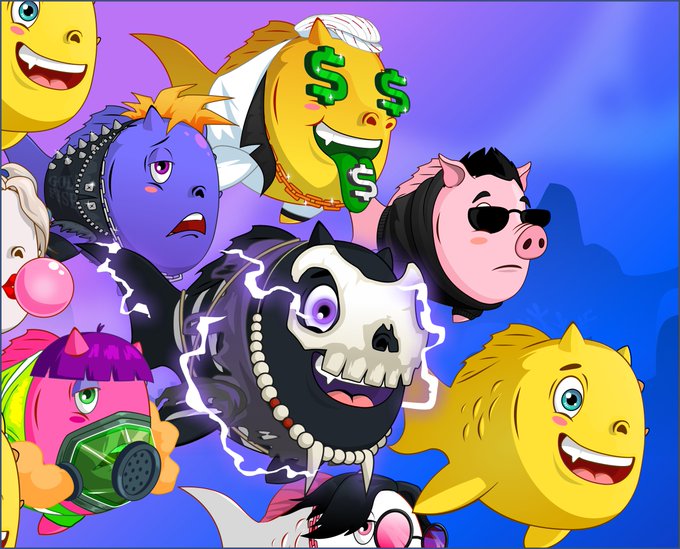 A colorful collage of various cartoon-style characters including a yellow fish with dollar signs for eyes wearing a gold chain, a pig in sunglasses, a unicorn, a skull with lightning effects, and other whimsical creatures against a blue background, fitting the playful "GM fishfrens" greeting.