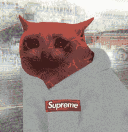 A pixelated red cat sits above a "Supreme" label on a grey hoodie backdrop, and the post reveals the user is sporting this Supreme-cashcats mashup as a refreshed profile picture after three years.