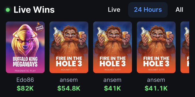 Live Wins gambling feed showing recent big wins: 'Edo86 $82K' on Buffalo King Megaways (Pragmatic Play) and three 'ansem' wins of $54.8K, $41K, and $41.1K on Fire in the Hole 3 (Nolimit City).
