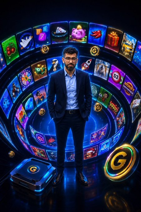 A confident man in a dark suit stands at the center of a swirling vortex of colorful slot machine and casino game icons, surrounded by floating "G" coin logos, symbolizing the rapid expansion and diverse gaming ecosystem of G Coin/Playnance. The promotional post ties the futuristic scene to the launch of a partnership platform at "pi-nicolas.sharker.com/partners," emphasizing the project's growth and utility.